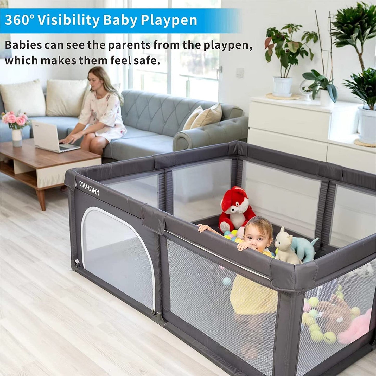 SKY-TOUCH Baby Playpen, Extra Large Playpen for Babies, Kids Safe Play Center for Babies with Breathable Mesh and Zipper Door，and Toddlers Gives Mommy a Break