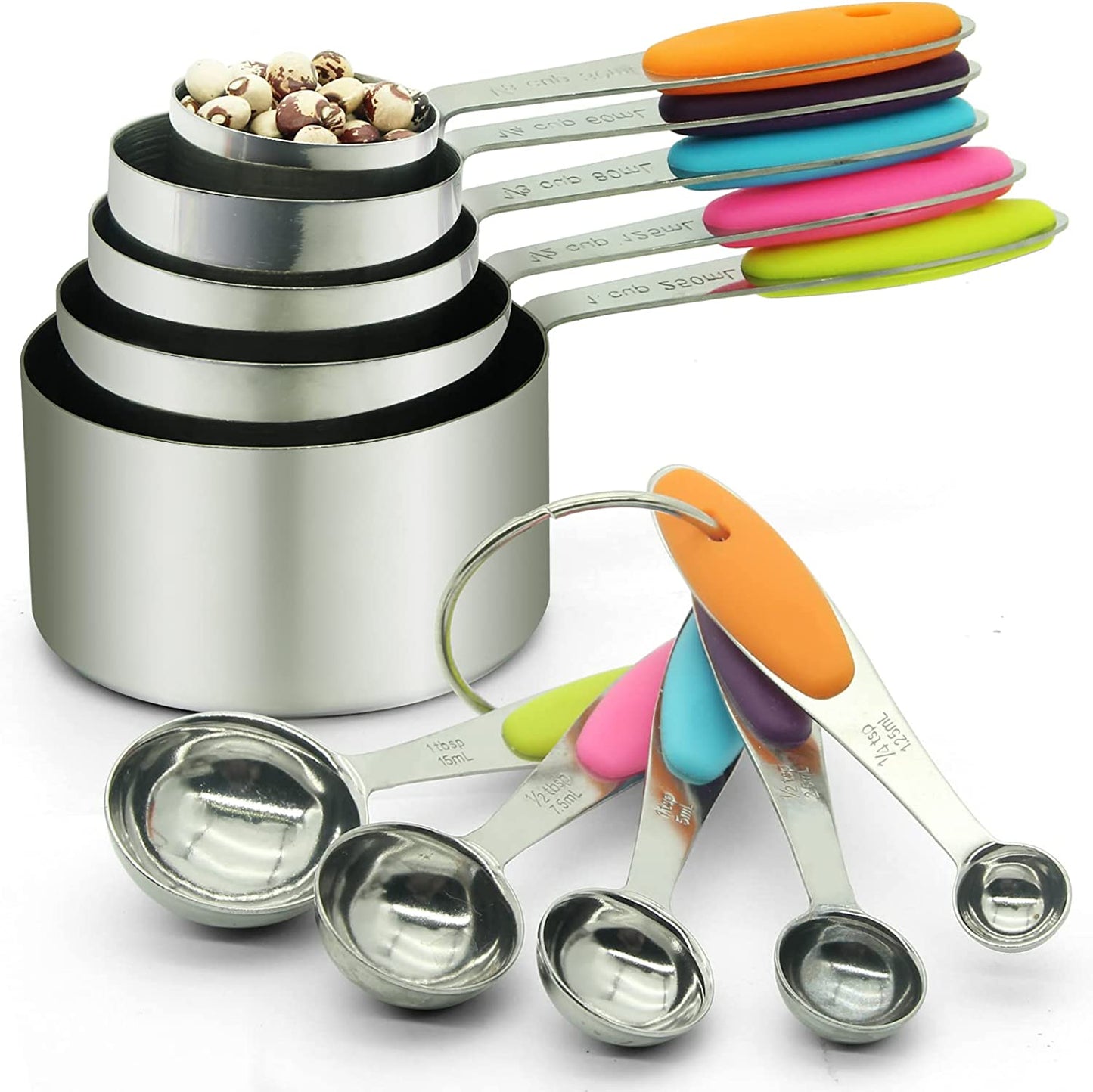 SKY-TOUCH 10 Piece Measuring Cups and Measuring Spoons Set with Detachable Ring – Stainless Steel Stackable 5 Cups 5 Spoons with Silicone Grip Handle to Measure Dry Liquid Food for Cooking or Baking