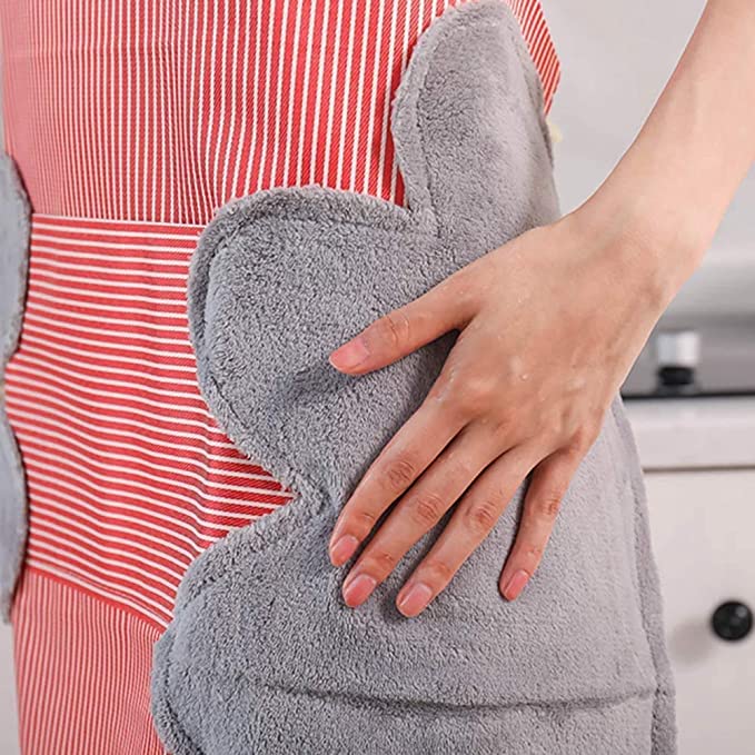 SKY-TOUCH Bib Apron with Pockets, Adjustable Kitchen Aprons 2 Side Wipe Hands Coral Velvet Towels Stitched Pinstripe Waterproof Cooking Aprons Unisex