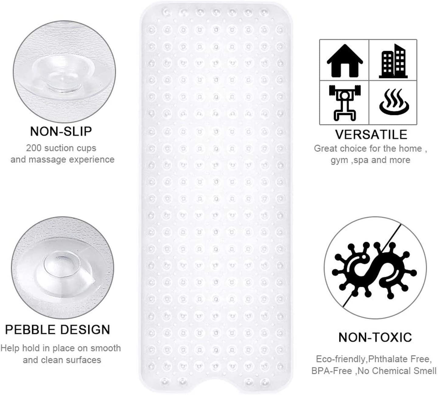 SKY-TOUCH Non-Skid Bath Tub Shower Mat with Suction Cups and Drain Holes, Extra Large Size and Machine-Washable, Bathroom Accessories, Clear