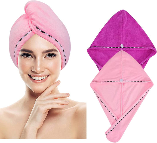 100pcs - 2 Pack Hair Drying Towels, Microfiber Hair Dry Cap Absorbent Fast Drying Hair Turbans With Elastic Loop and button, Hair Towel Wrap Quick Dry for Women Wet Hair (Pink, Rose Red)