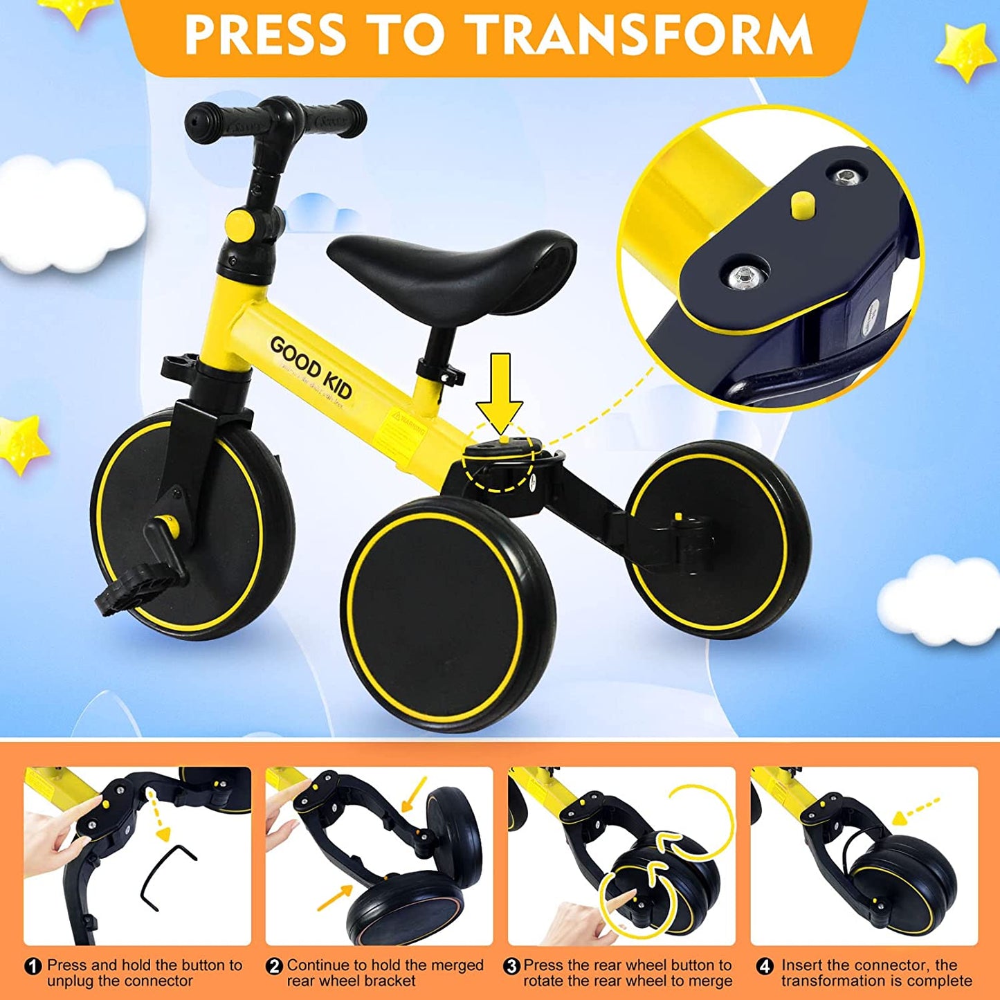 SKY-TOUCH 4 in 1 Kids Balance Bike Kids Tricycles for 1-4 Years, Toddlers Trike with Adjustable Seat Indoor Outdoor, Boys Girls Kids First Birthday Gifts Yellow