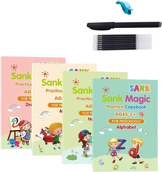 SKY-TOUCH Sank Magic Practice Copybook For Kids The Print Handwiriting Workbook REUsable Writing Practice Book - Book Size 18.5*26 Cm (Four Books With Pen）Multicolor