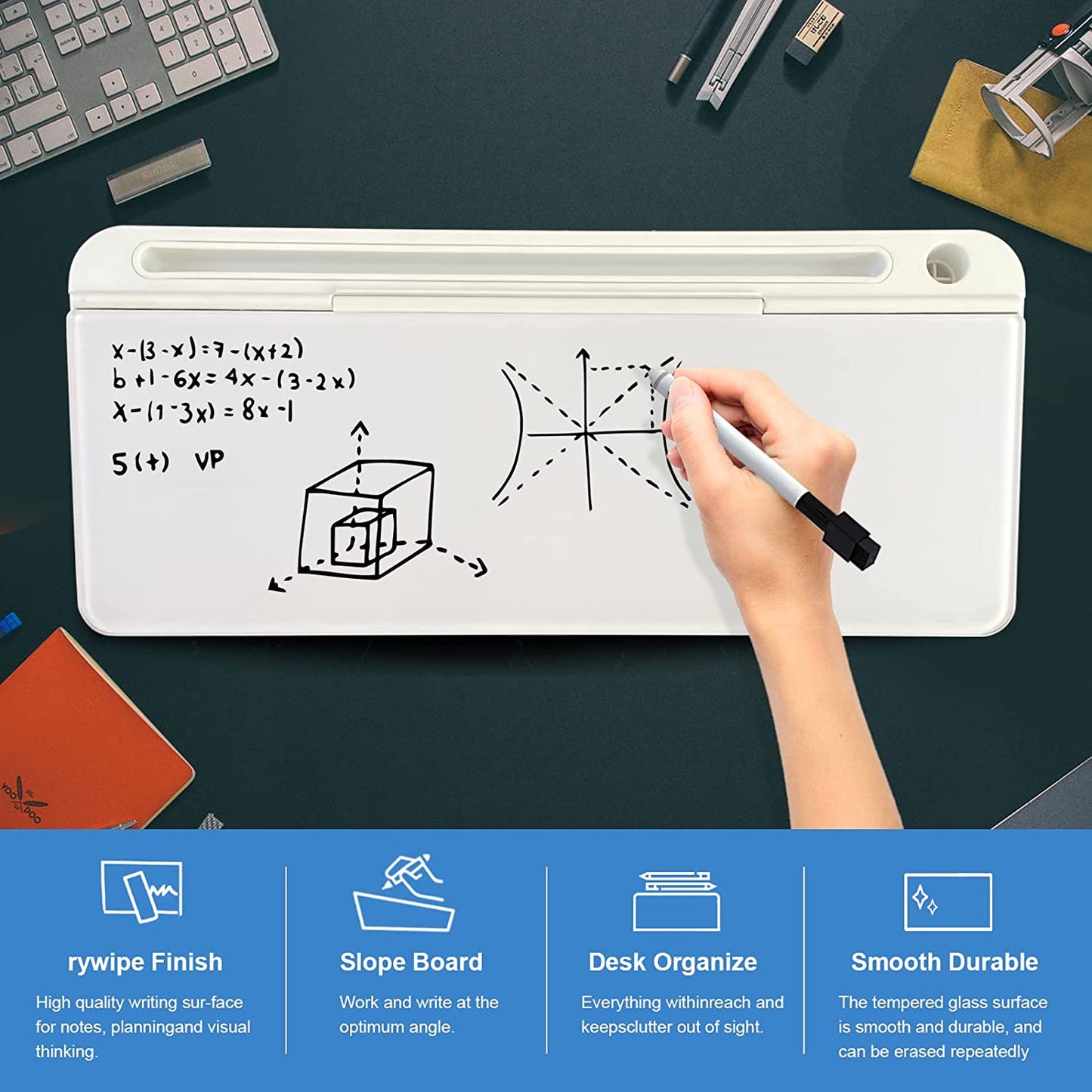 SKY-TOUCH Glass Desktop Computer Pad Dry Erase Board Desk Organizer with Mobile Phone and Tablet Stand Designed for your Home, Office and even School