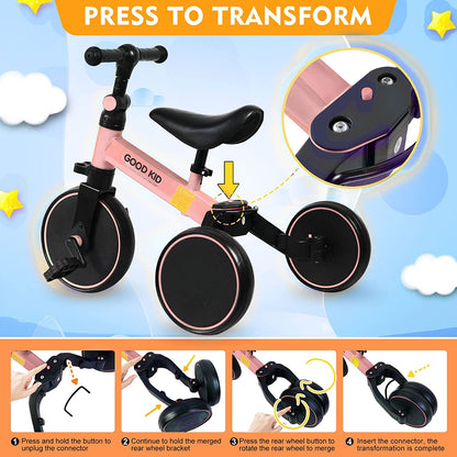 SKY-TOUCH 4 in 1 Kids Balance Bike Kids Tricycles for 1-4 Years, Toddlers Trike with Adjustable Seat Indoor Outdoor, Boys Girls Kids First Birthday Gifts Pink