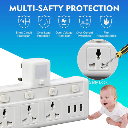 SKY-TOUCH Multi Plug Extension Socket with 3 USB, Electrical Power Extender Outlet Adaptor for Home, Office, Kitchen