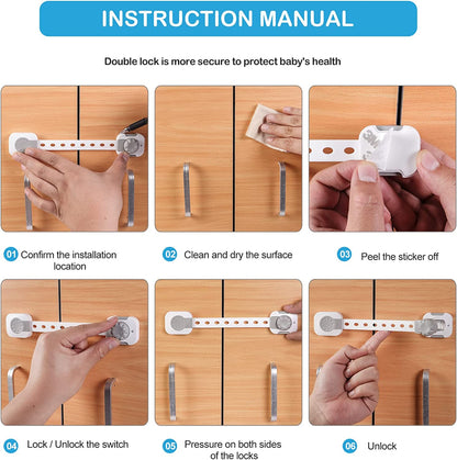 SKY TOUCH 6pcs Baby Safety Lock，Child Safety Locks，Multi Functional Adjustable Double Button Baby Anti Clip Latch System For Cabinets, Drawers, Fridge, Closet Doors Etc, White