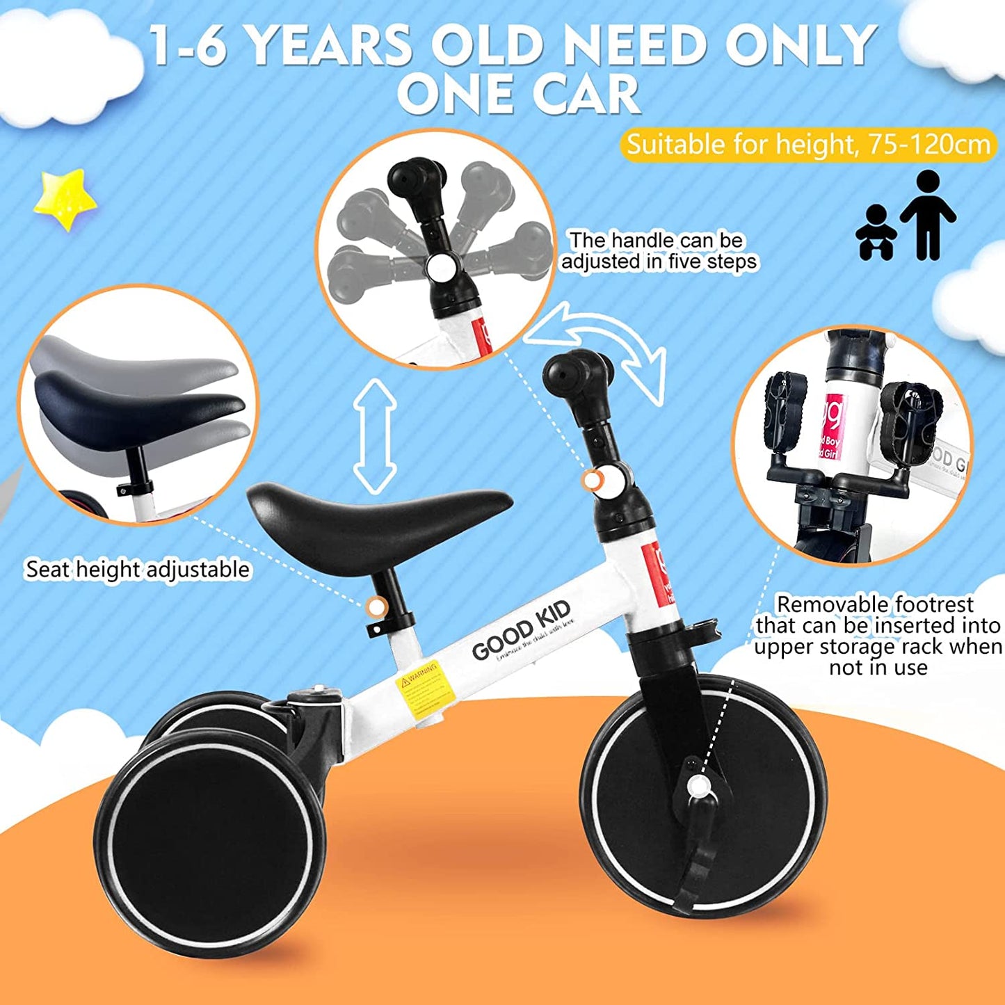 SKY-TOUCH 4 in 1 Kids Balance Bike Kids Tricycles for 1-4 Years, Toddlers Trike with Adjustable Seat Indoor Outdoor, Boys Girls Kids First Birthday Gifts White