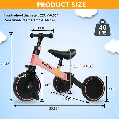 SKY-TOUCH 4 in 1 Kids Balance Bike Kids Tricycles for 1-4 Years, Toddlers Trike with Adjustable Seat Indoor Outdoor, Boys Girls Kids First Birthday Gifts Pink