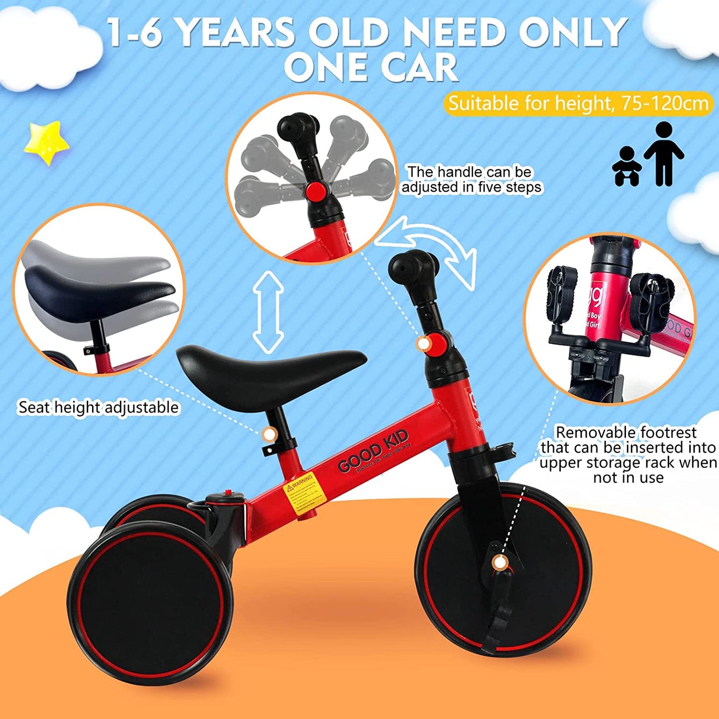 SKY-TOUCH 4 in 1 Kids Balance Bike Kids Tricycles for 1-4 Years, Toddlers Trike with Adjustable Seat Indoor Outdoor, Boys Girls Kids First Birthday Gifts Red