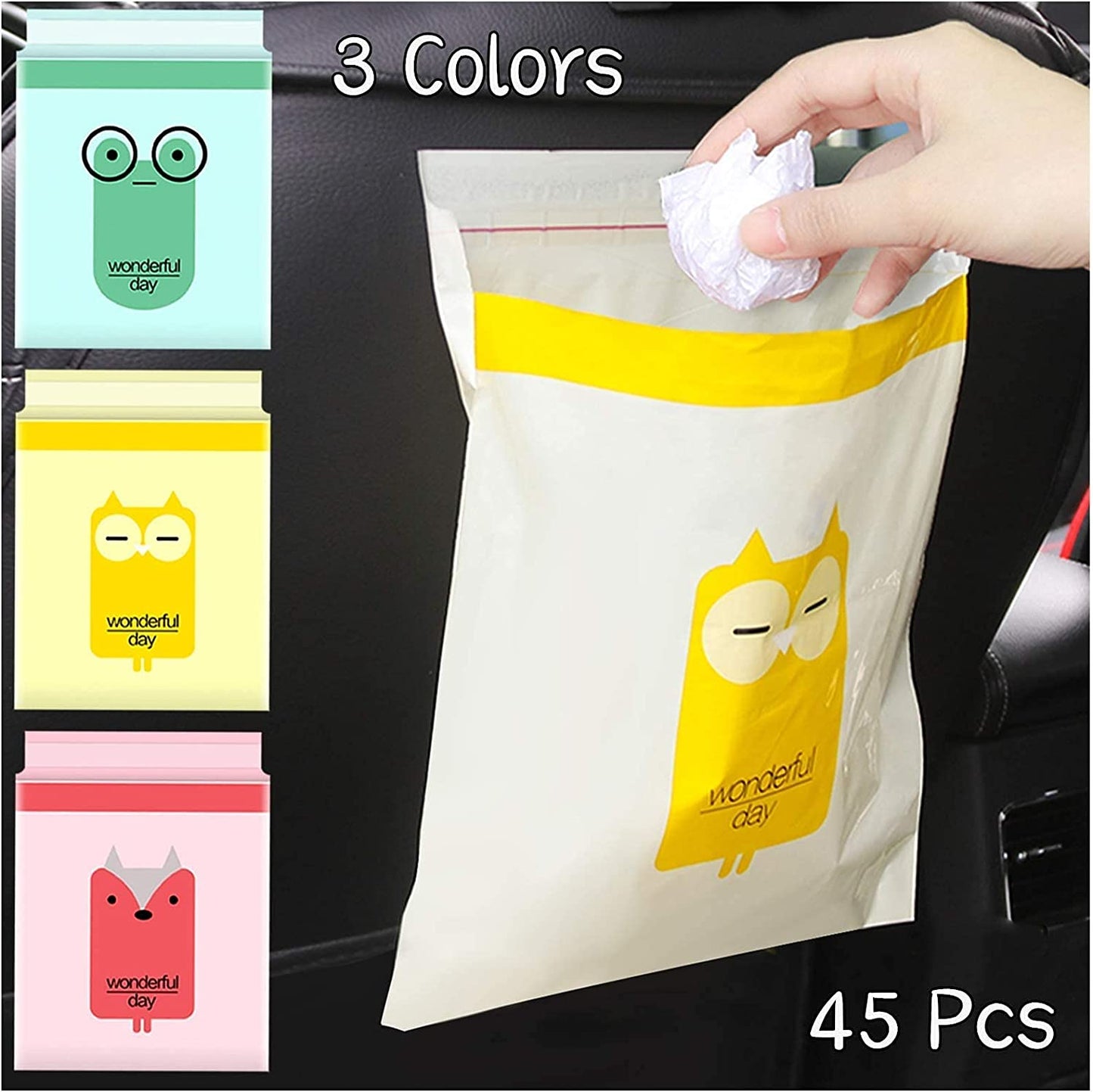 SKY-TOUCH 45 Self Adhesive Car Trash Bags, Disposable Trash Bags, Leak Proof, Vomit Bags for Cars, Kitchens, Bedrooms, Study Rooms, Travel, Camping, Office