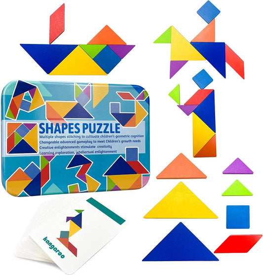 SKY-TOUCH Early Development Tangram Pattern Puzzles Set，Wooden Puzzle Blocks Colorful Tangram Sorting，Stacking Games Montessori Educational Toys，60 Design Cards with 120 Pattern Jigsaw Puzzle