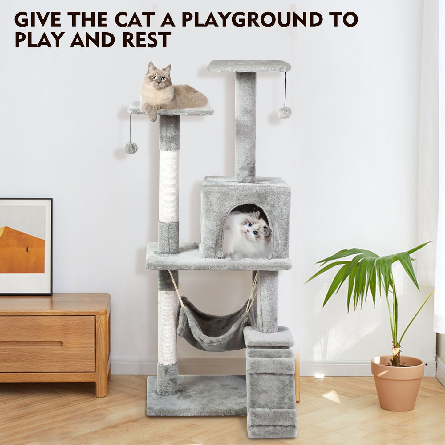 SKY-TOUCH Cat Tree Tower，Cat Condo with 4 Sisal Scratching Post,Activity Centre Cat Climbing Tree with Cat House，Hammock, Sisal Posts, Ladder, and Rest Place for Indoor Cat（120×54×30cm）Grey