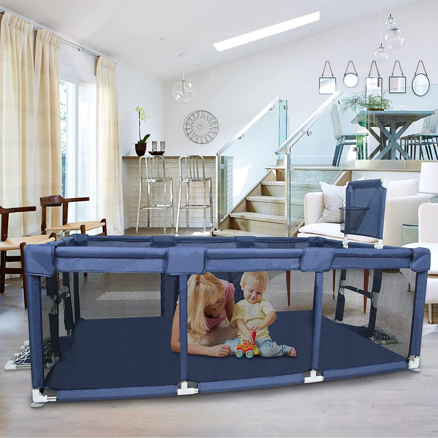 SKY-TOUCH Safety Large Portable Play Pen For Twin, Baby And Toddler Indoor Outdoor Baby Playpen With Extra Tall Size, Fun Activities, Basketball Hoop & Matblue, Safe Play Pen 1.2*1.8M