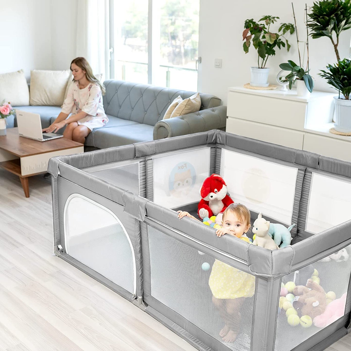SKY-TOUCH Baby Playpen, Extra Large Playpen for Babies, Kids Safe Play Center for Babies with Breathable Mesh and Zipper Door，and Toddlers Gives Mommy a Break