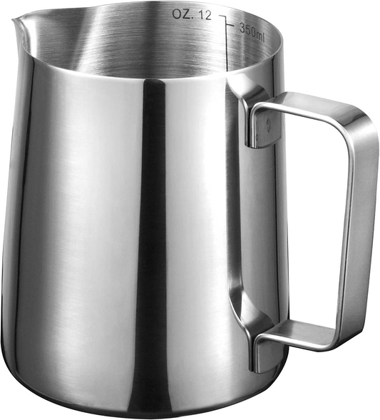 SKY-TOUCH Stainless Steel Milk Frothing Pitcher Measurements on Both Sides Inside Plus eBook & Microfiber Cloth Perfect for Espresso Machines Milk Frothers Latte Art, Silver