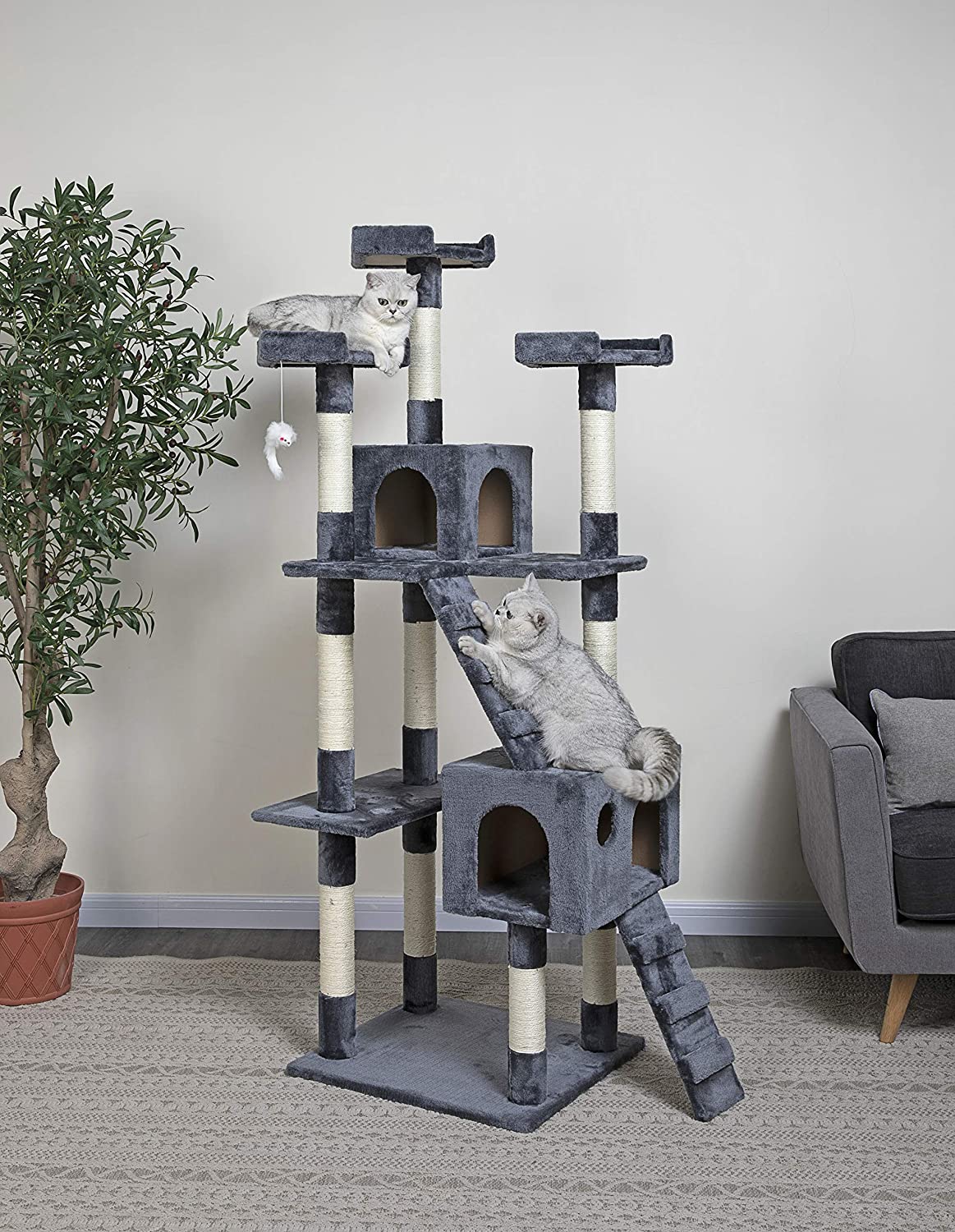 SKY-TOUCH Cat Tree Tower，Cat Condo with 4 Sisal Scratching Post,Activity Centre Cat Climbing Tree with Cat House，Hammock, Sisal Posts, Ladder, and Rest Place for Indoor Cat（120×54×30cm）Grey