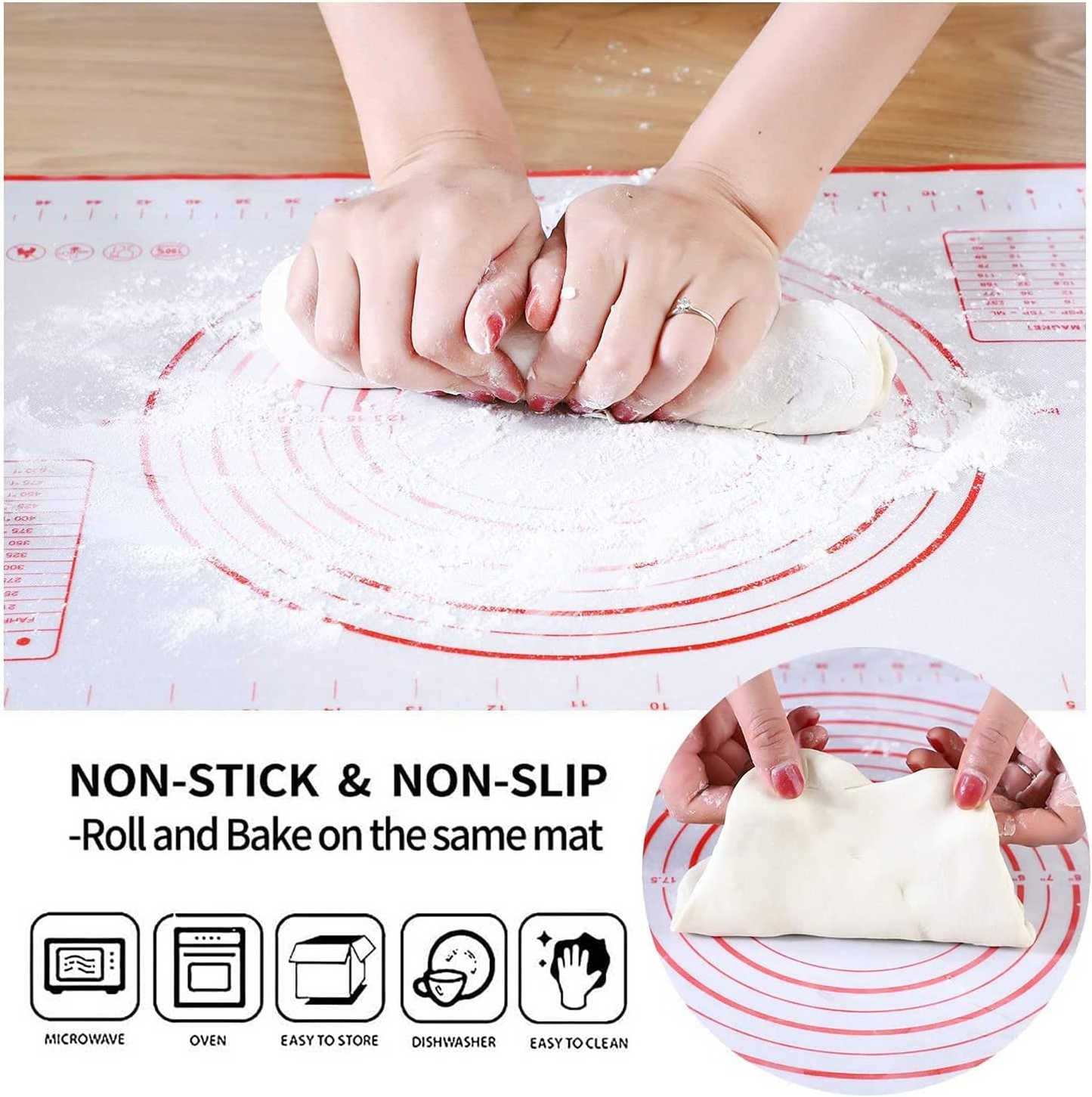 SKY-TOUCH Baking Mat, Non Stick Silicon Rolling Pastry Mat,Kneading Pad Sheet Glass Fiber Rolling Dough Large Size For Cake Macaron Kitchen Tools, Red,White