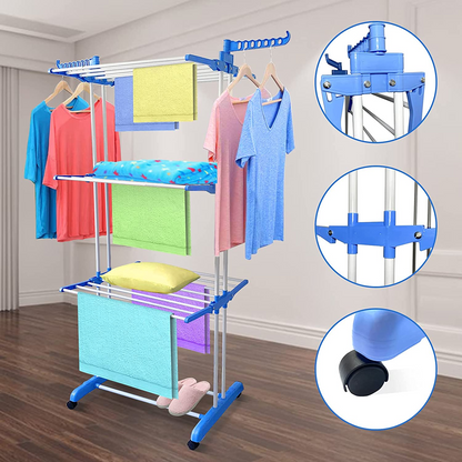 SKY-TOUCH Three Layers Of Clothes Hanger, Adjustable Stainless Steel Hanger With Folding Wings For Indoor And Outdoor, Blue, 3 Layer