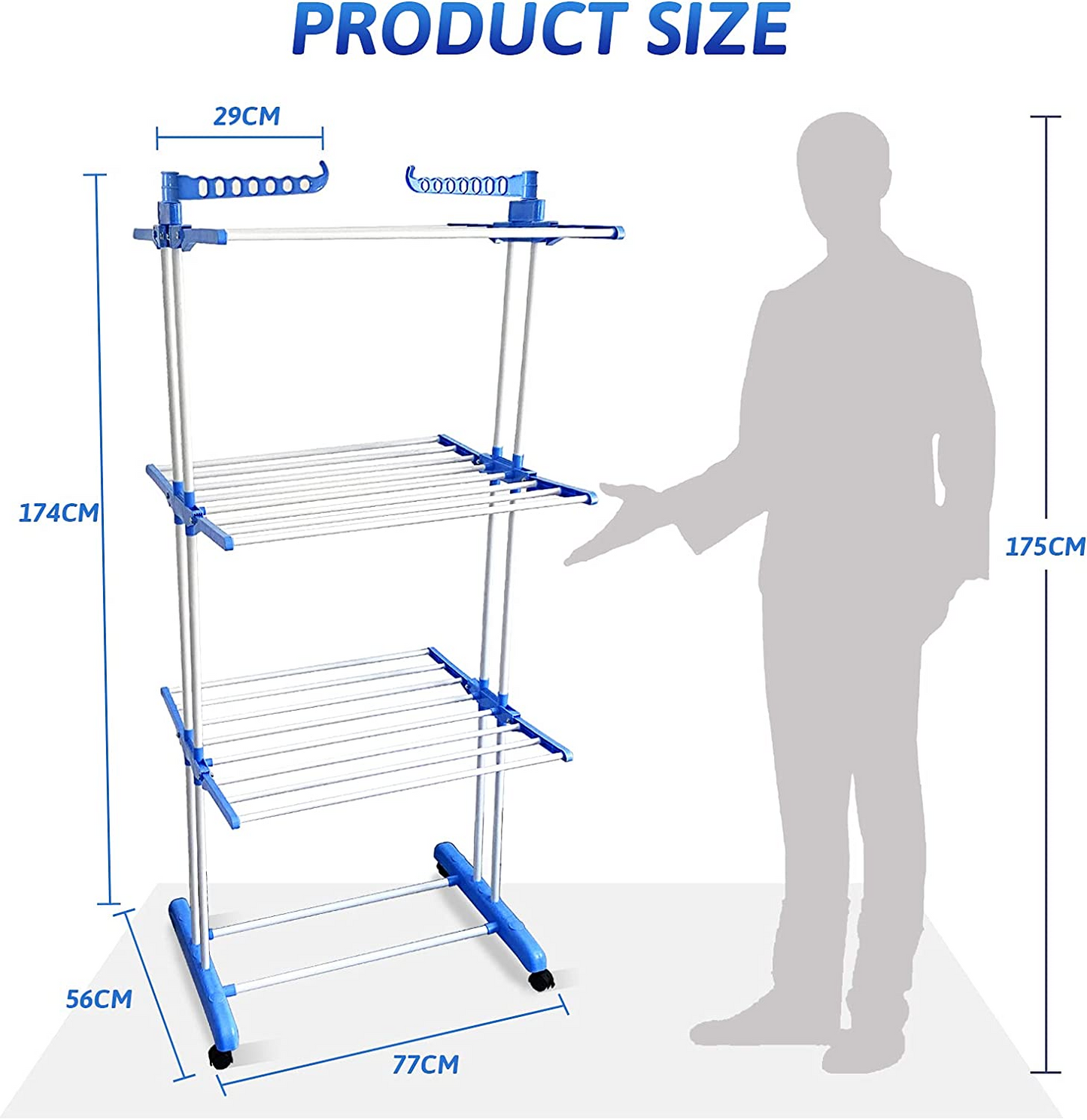 SKY-TOUCH Three Layers Of Clothes Hanger, Adjustable Stainless Steel Hanger With Folding Wings For Indoor And Outdoor, Blue, 3 Layer