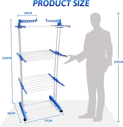 SKY-TOUCH Three Layers Of Clothes Hanger, Adjustable Stainless Steel Hanger With Folding Wings For Indoor And Outdoor, Blue, 3 Layer